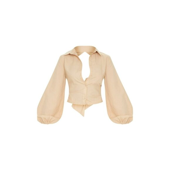 Pretty Little Things Sand Woven Open Back Tie Long Sleeve Shirt Size 4 - Picture 4 of 9